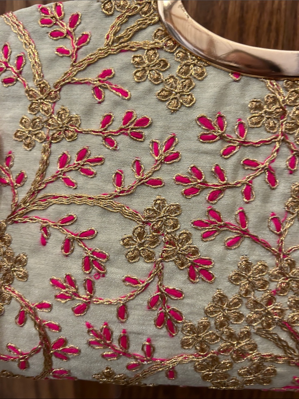 Vintage Embroidered Ivory and Pink Evening Clutch with Gold Handle image 4